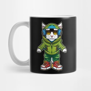 Paws & Playlists: Stylish Cat with Green Hoodie, Sunglasses, and Blue Headphones Mug